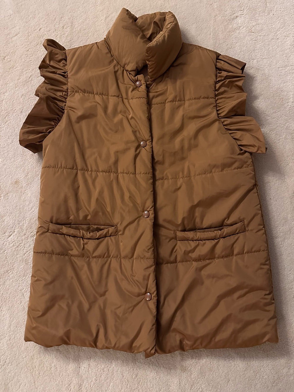 Fall is around the corner…. Women’s Brown Puffer Vest with Ruffle Sleeves